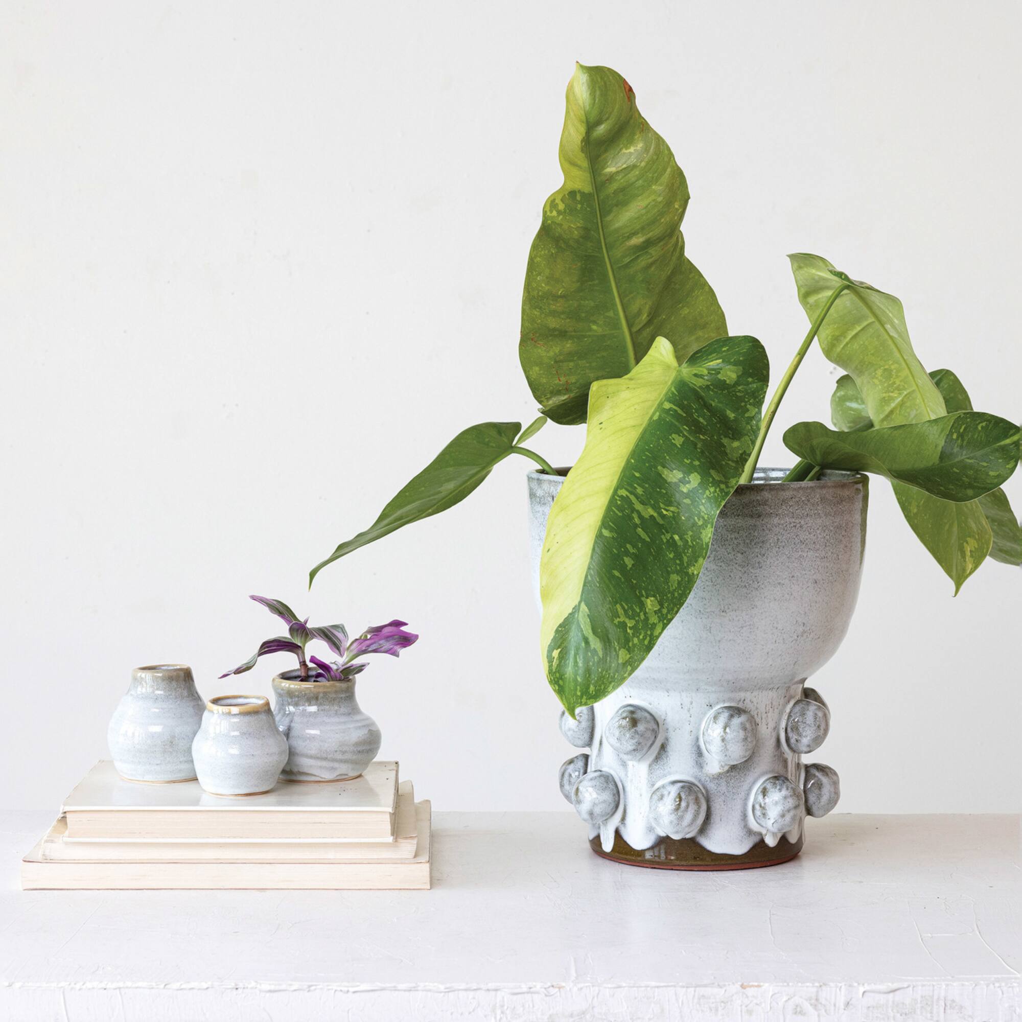 Hello Honey® 12.25" White Terra Cotta Footed Vase with Raised Dots & Reactive Glaze
